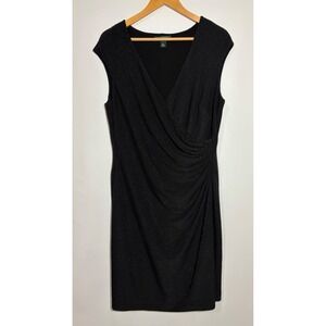 Lauren Ralph Lauren Dress Sz 16 Black Metallic Faux Wrap Ruched Sheath Shimmer